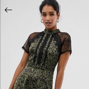 A line lace detail animal print midi dress